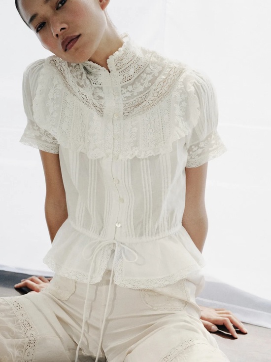 Zara Tops - Zara Ivory Lace Yoke Peplum Button-Front Top